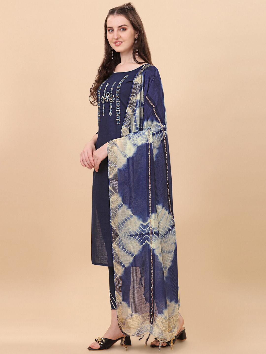 

CLOTHING JUNCTION Women Navy Blue Floral Embroidered Pure Cotton Kurta with Sharara &