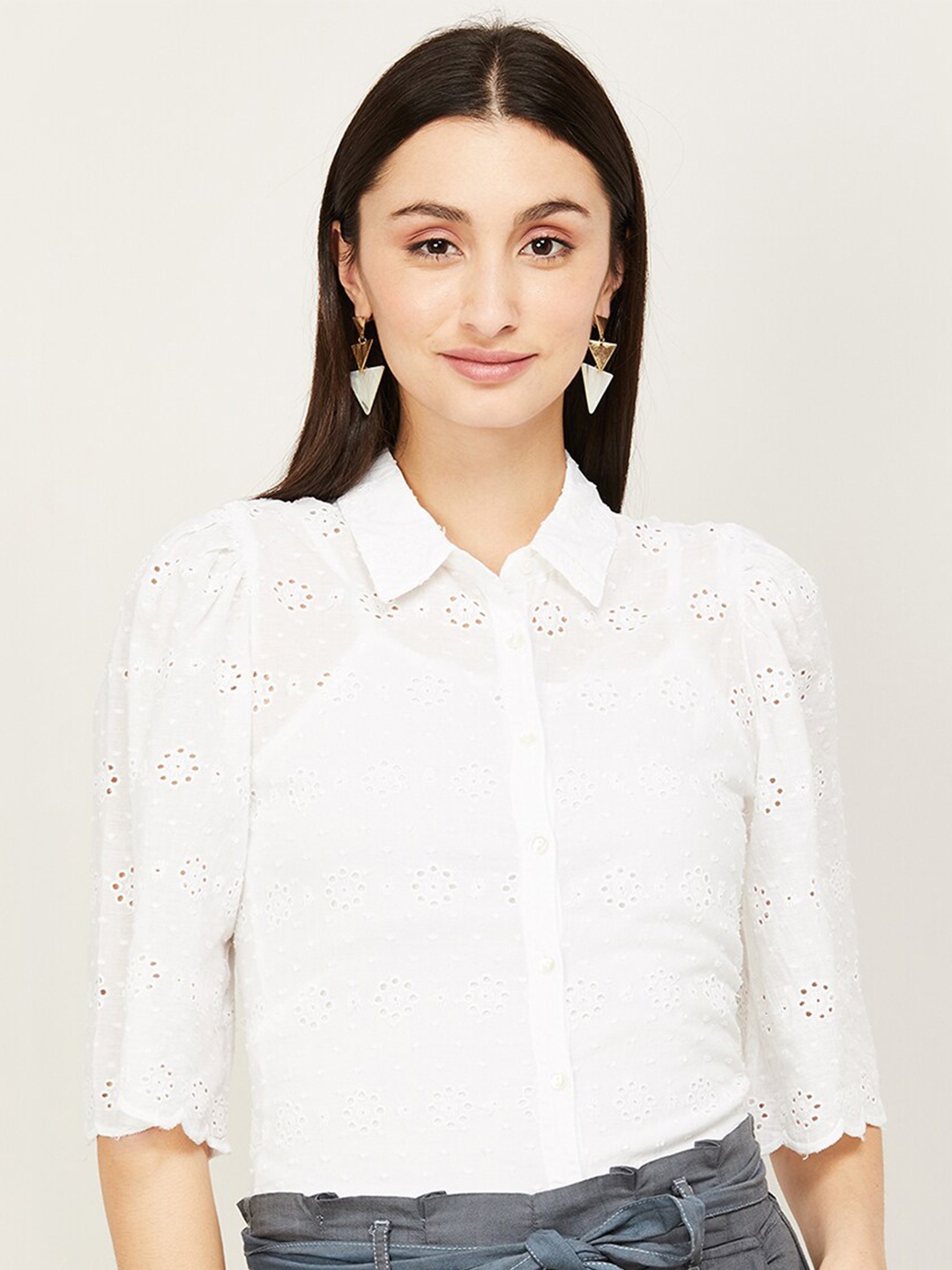 

CODE by Lifestyle White Self Design Shirt Style Top
