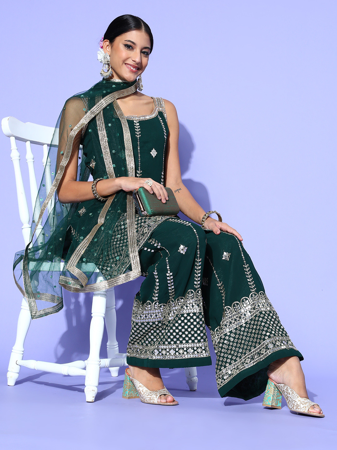 

Chhabra 555 Women Striped Poly Georgette Hyper Texture Kurta Set, Green