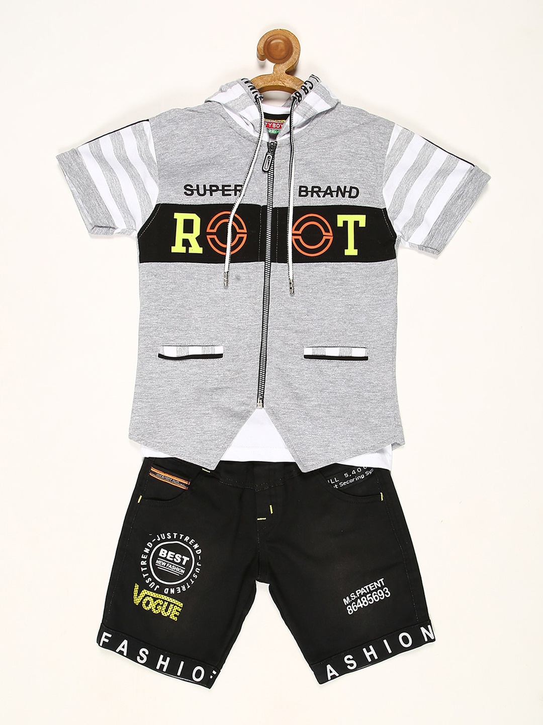 

V2 Value & Variety Boys Grey & Green Printed T-shirt and Shirt with Shorts