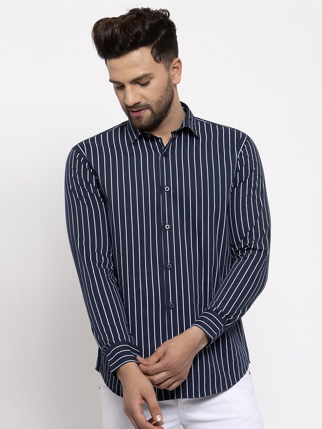 

JAINISH Men Navy Blue Classic Slim Fit Striped Casual Shirt