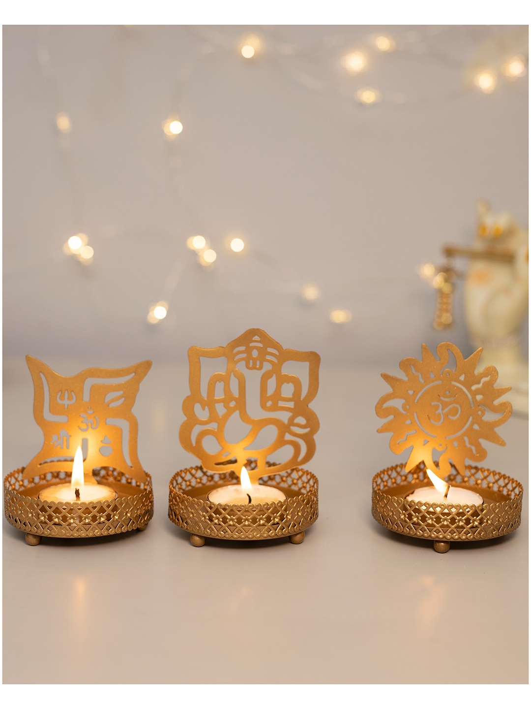 

Homesake Set Of 3 Gold-Toned Shadow Ganesh Sathiya Om Tea Light Candle Holders