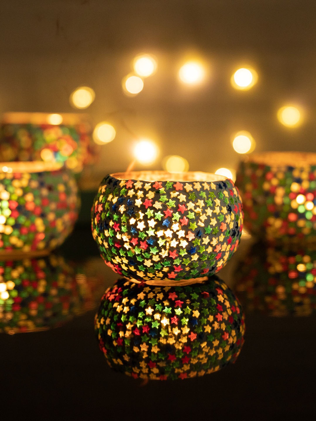 

Homesake Set Of 4 White & Red Glass Star Mosaic Candle Holder
