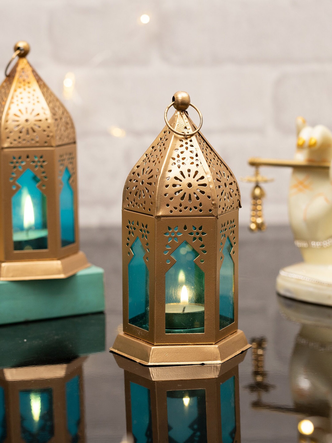 

Homesake Set Of 2 Gold-Toned & Blue Antique Moroccan Lantern Candle Holders