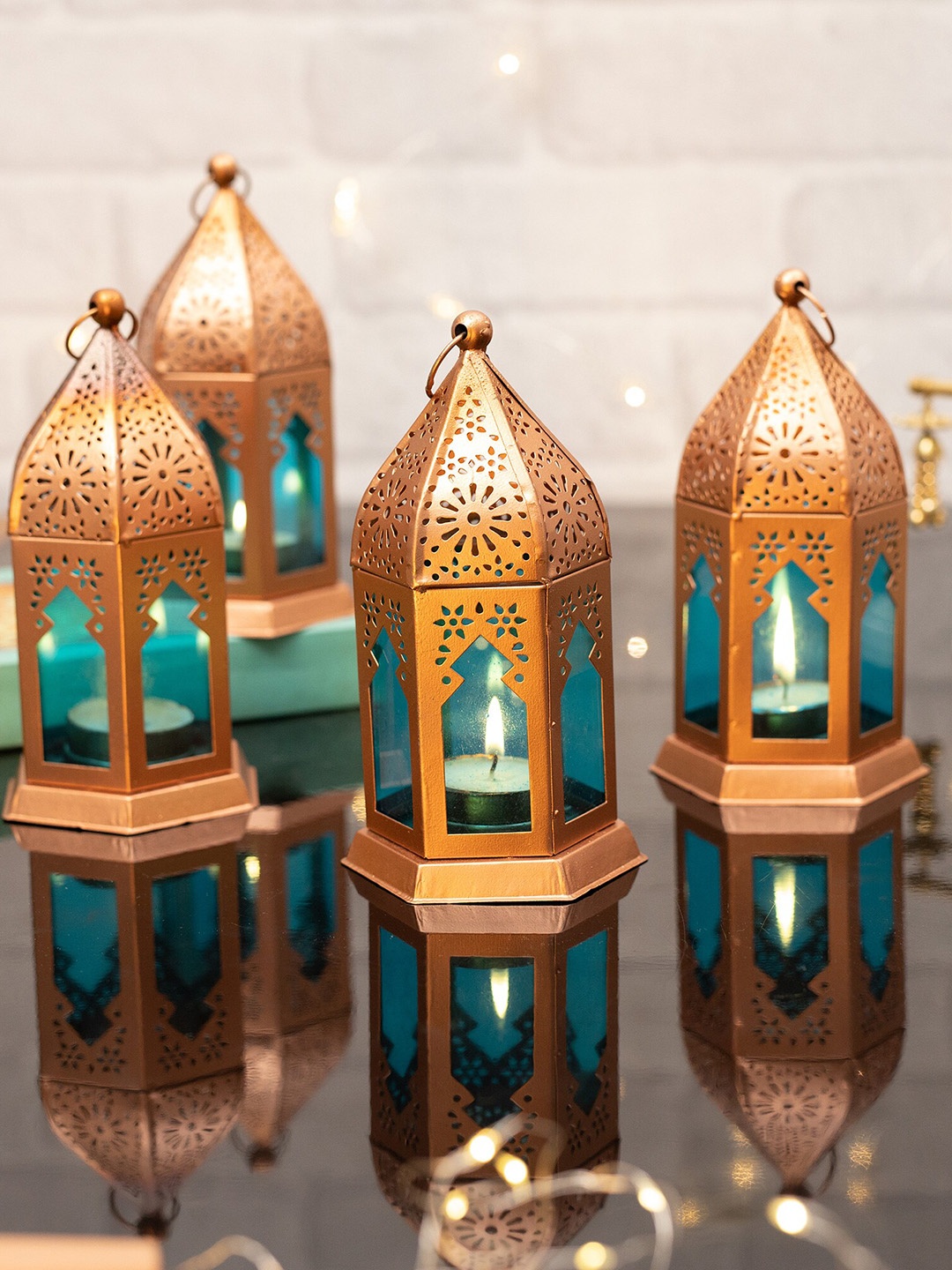 

Homesake Blue Set Of 4 Blue Solid Antique Copper Finish Moroccan Lantern Candle Holders