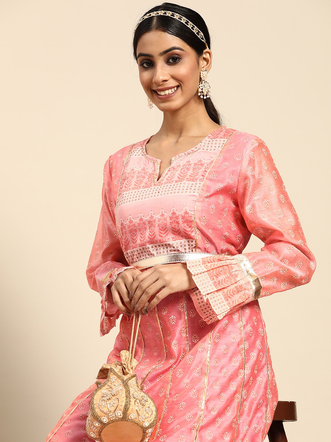 

Sangria Peach-Coloured & Golden Ethnic Motifs A-Line Maxi Dress