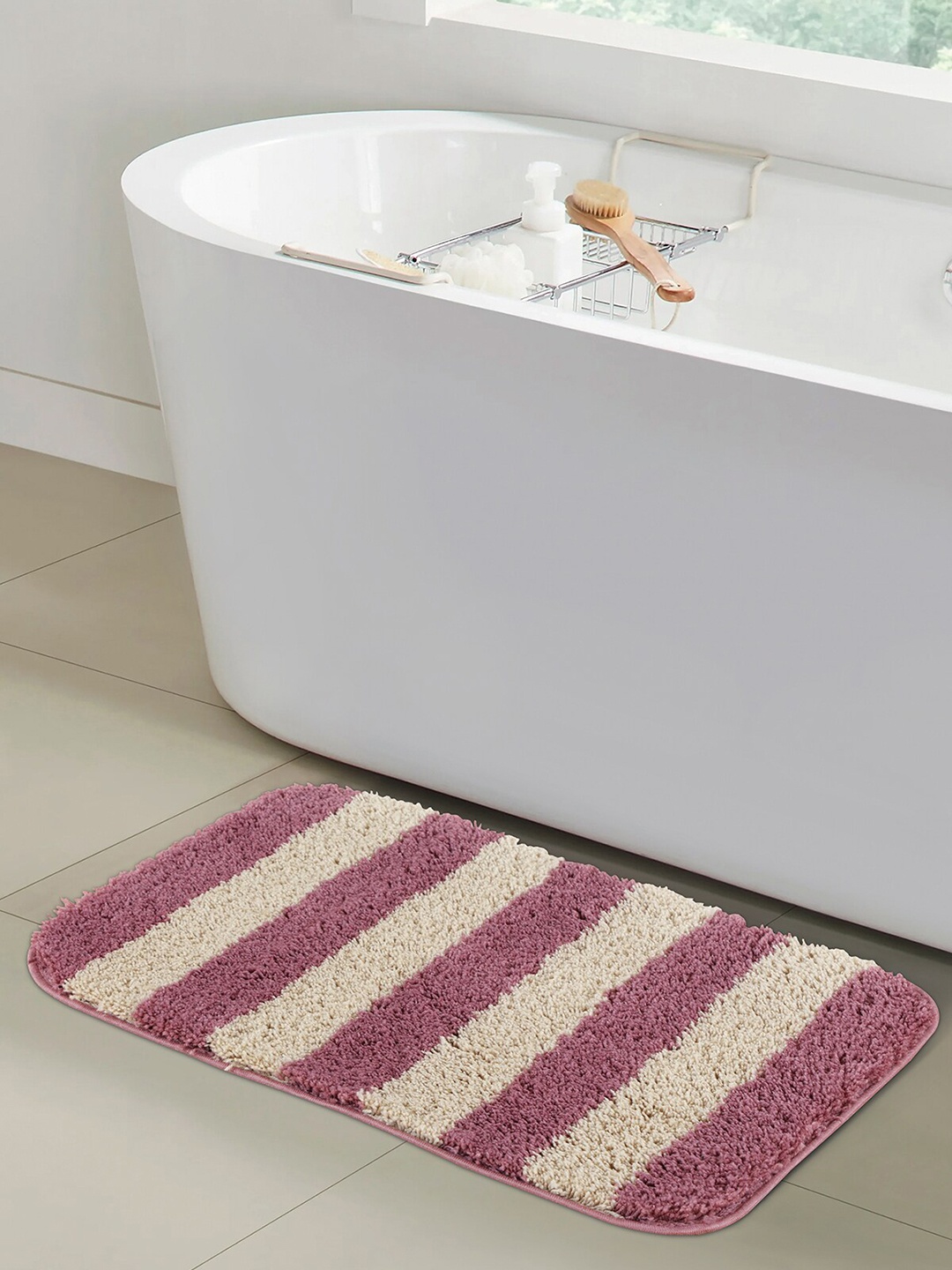 

OBSESSIONS Pink & Cream Striped 1400GSM Anti-Skid Bath Rug