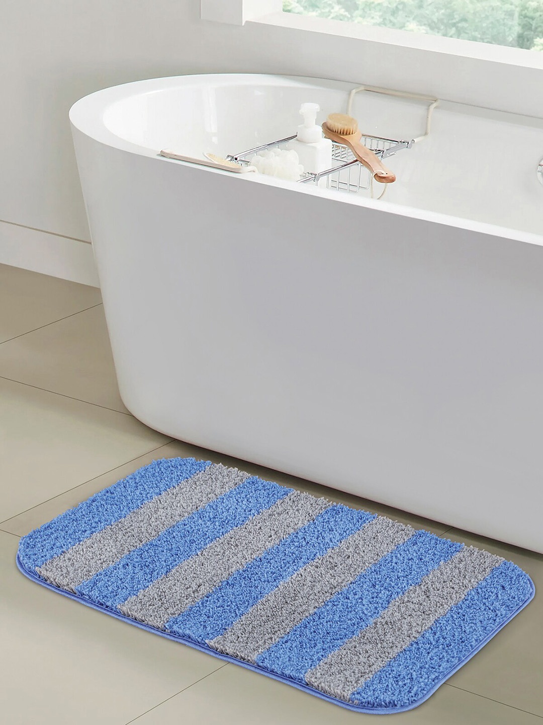 

OBSESSIONS Blue & Silver-Toned Striped 1400 GSM Anti-Skid Bath Rugs