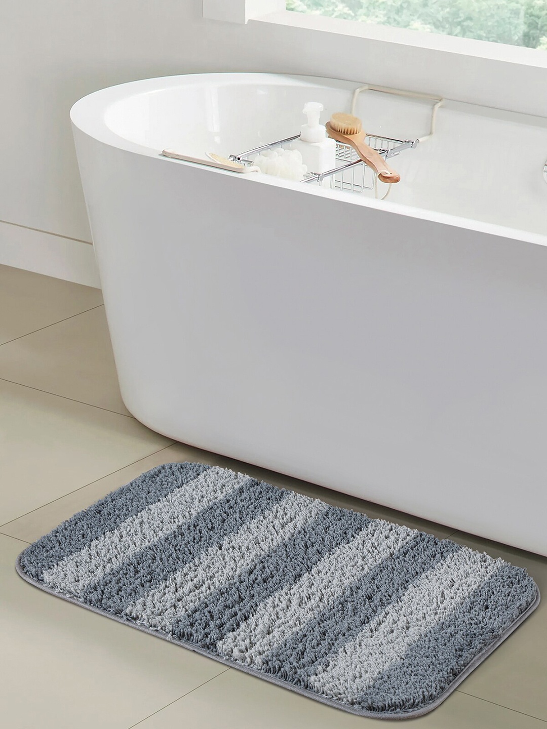 

OBSESSIONS Grey Striped 1400 GSM Anti-Skid Bath Rug