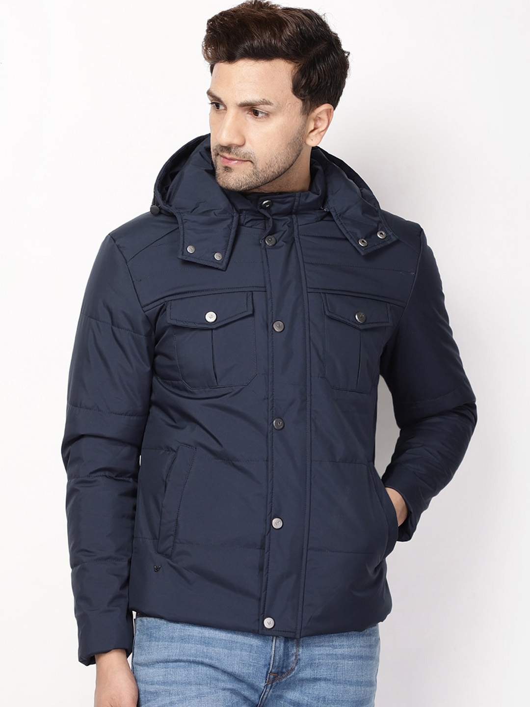 

Blackberrys Men Navy Blue Solid Hooded Padded Jacket