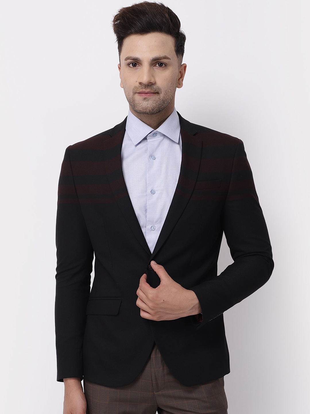 

Blackberrys Men Black Maroon striped Formal Blazer