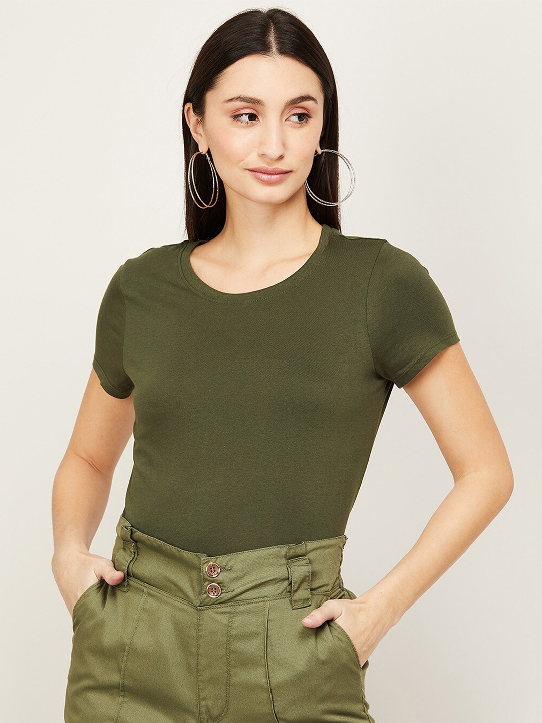 

Fame Forever by Lifestyle Women Olive Green Solid Cotton Round Neck T-shirt
