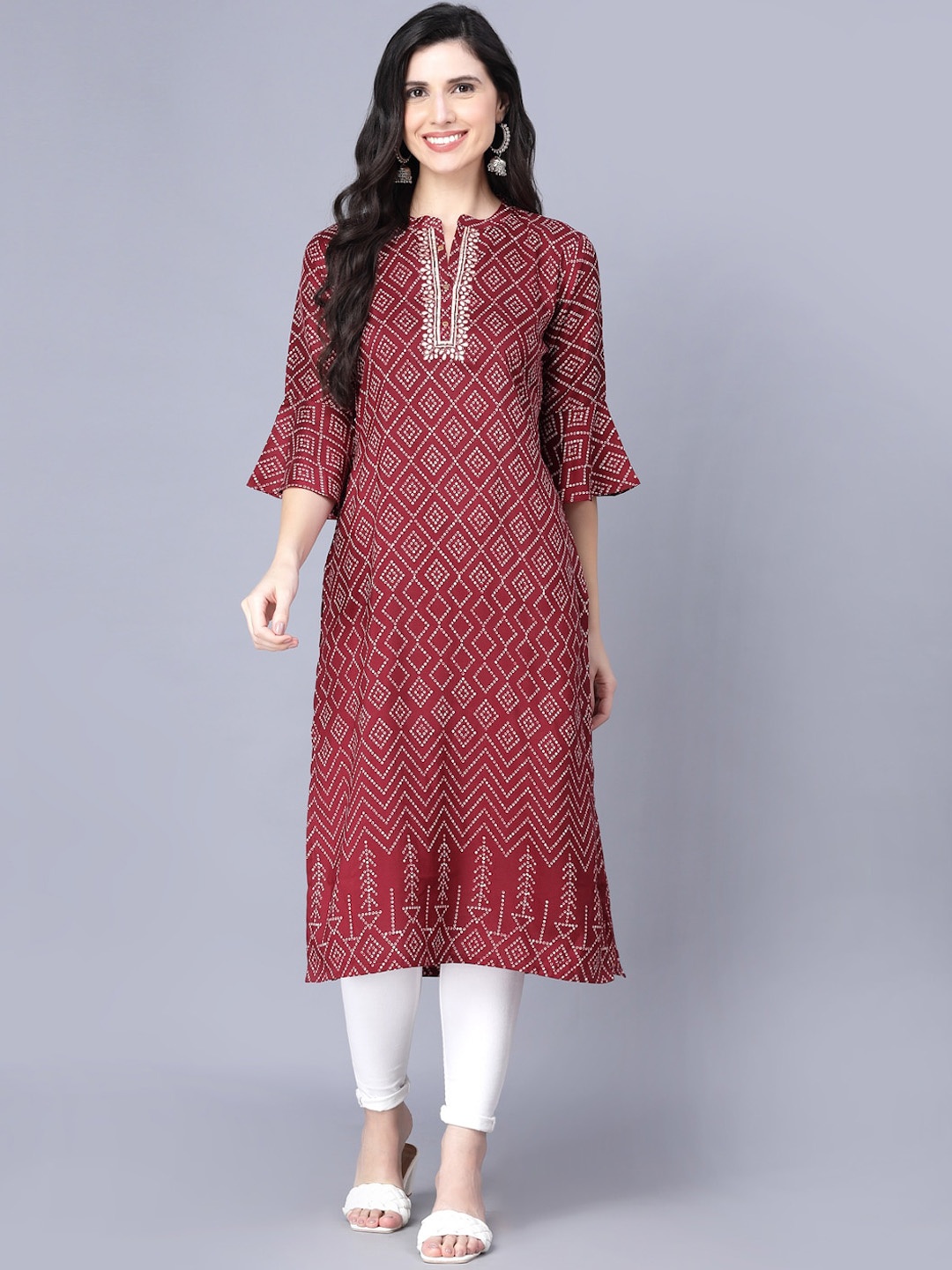 

Myshka Women Maroon & White Ethnic Motifs Printed Flared Sleeves Kurta
