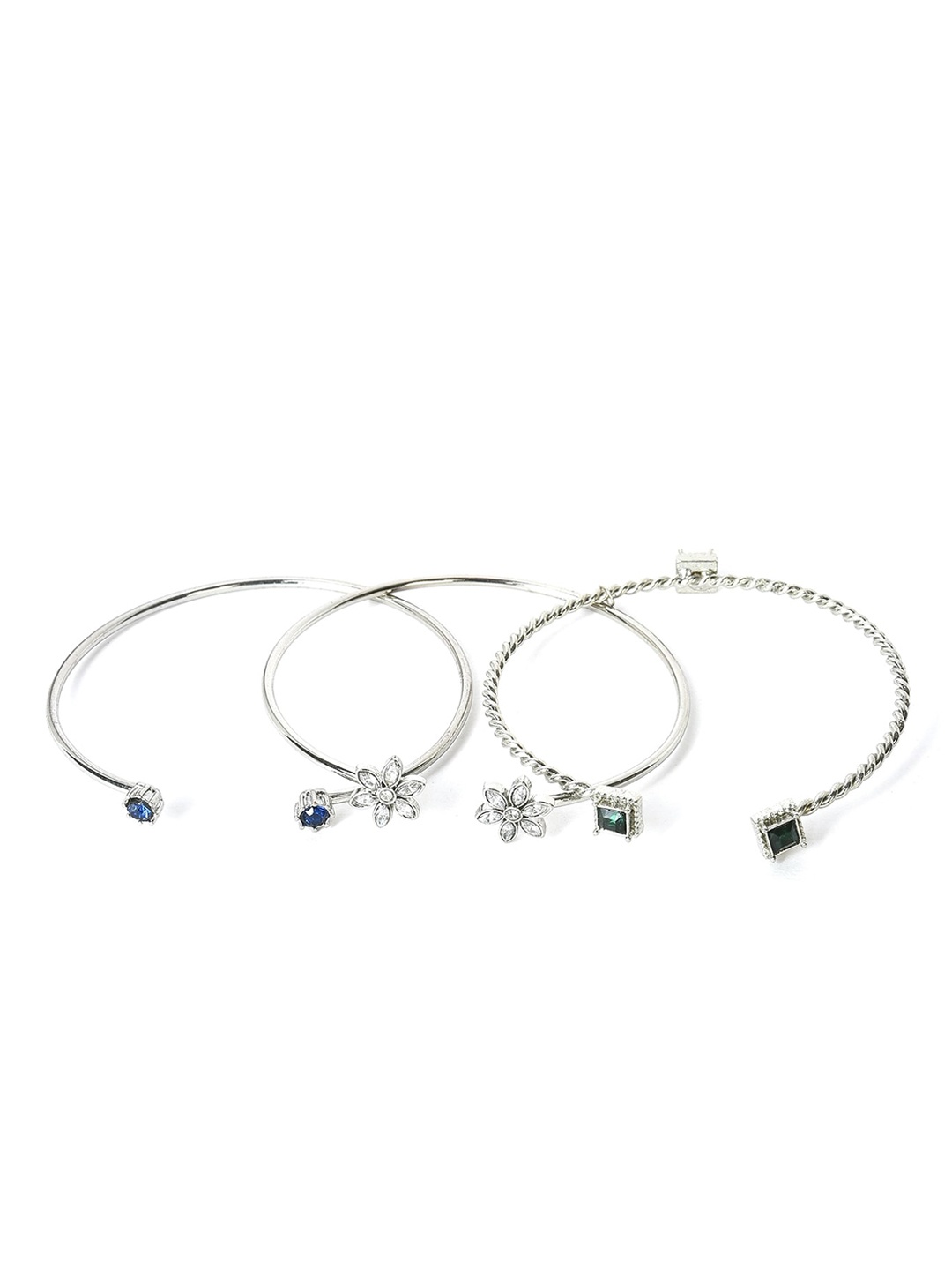 

W Set Of 3 Silver Toned Crystal Studded Adjustable Bangle