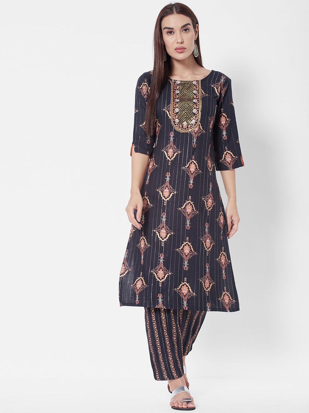 

Vedic Women Black Floral Printed Liva Kurta with Salwar