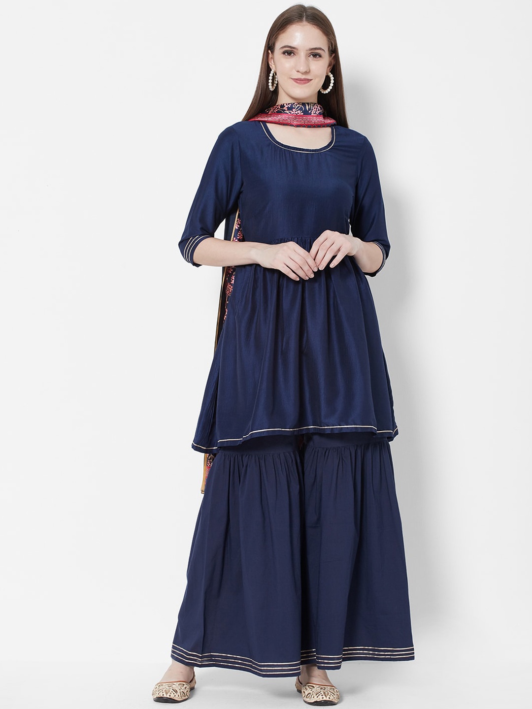 

Vedic Women Blue Pleated Raw Silk Kurta with Sharara & With Dupatta