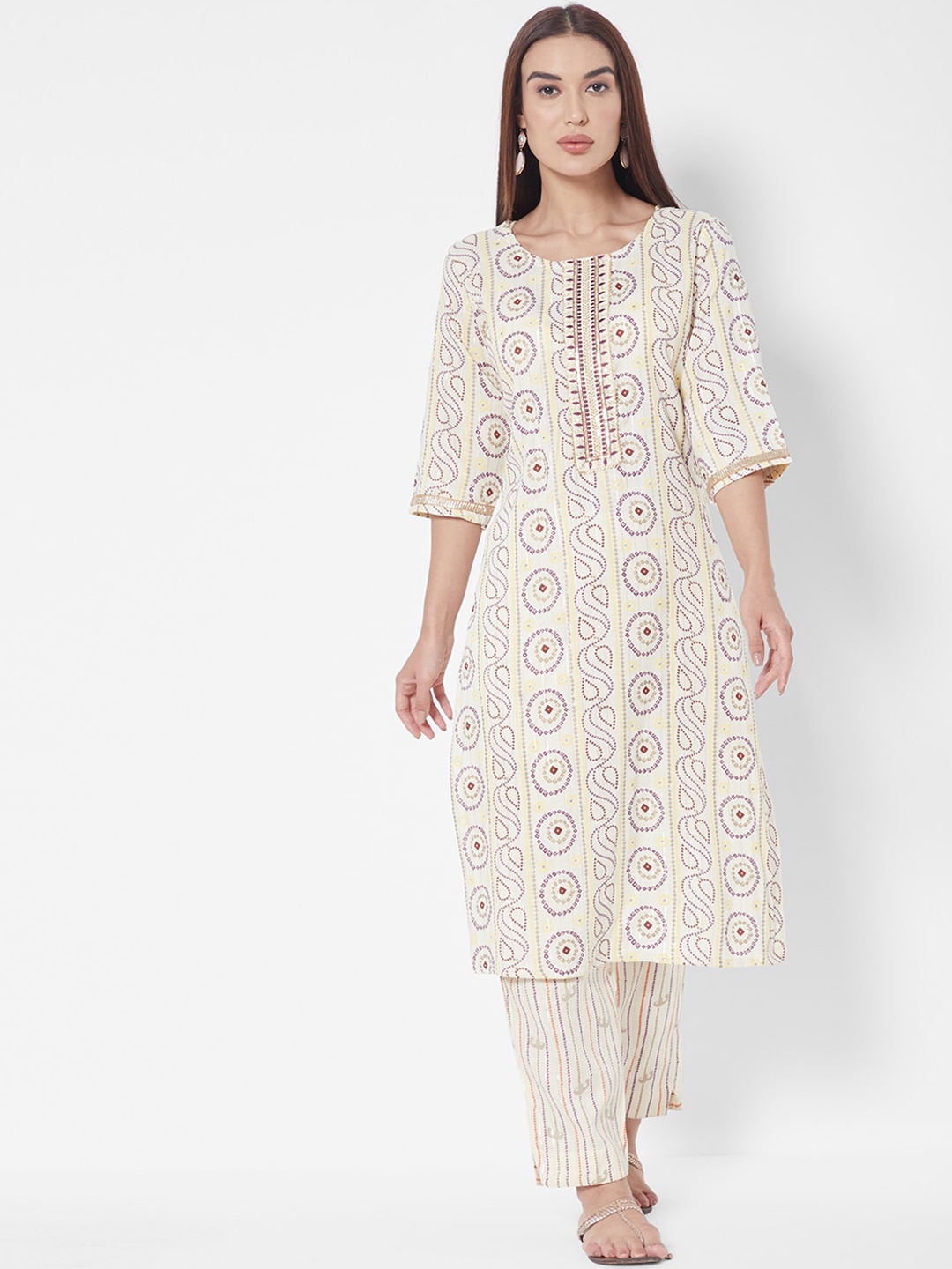 

Vedic Women Cream-Coloured Floral Printed Liva Kurta with Trousers