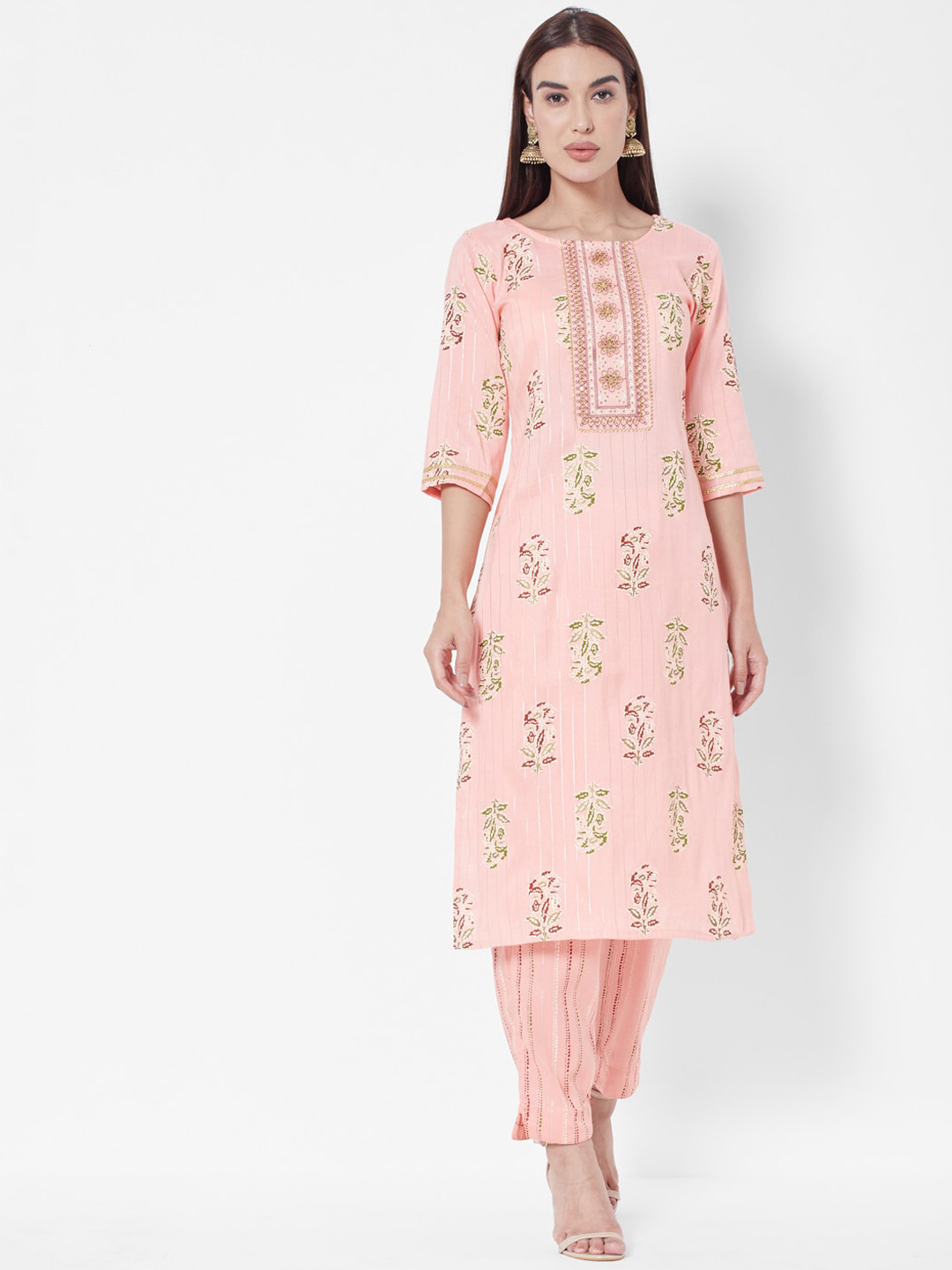 

Vedic Women Peach-Coloured Floral Printed Thread Work Kurta with Trousers
