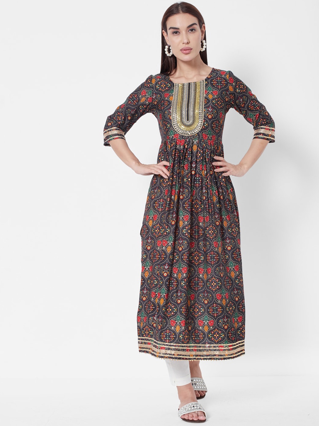 

Vedic Women Black Printed Empire Thread Work Chanderi Silk Kurta with Trousers