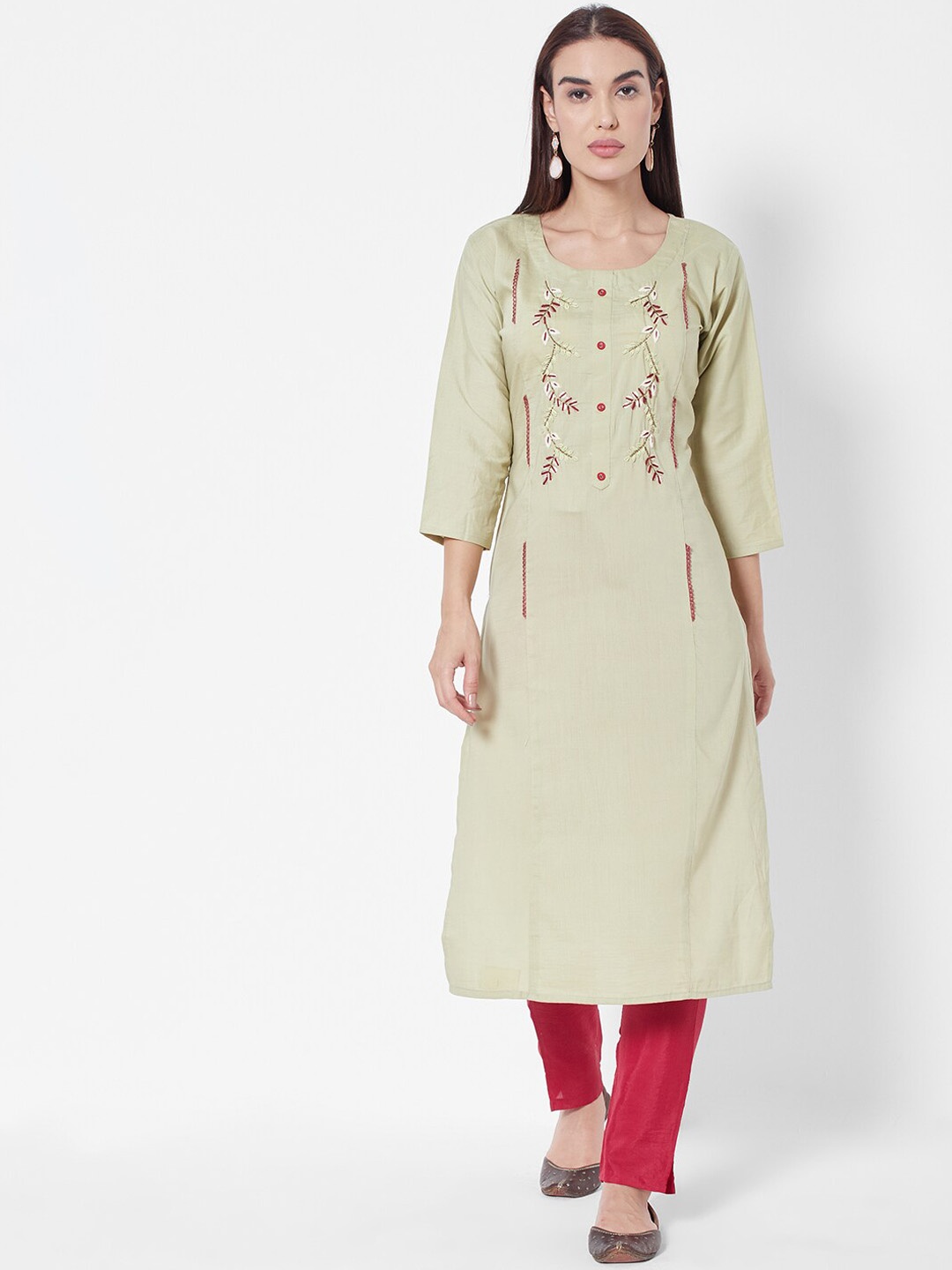 

Vedic Women Green Floral Embroidered Raw Silk Kurta with Trousers
