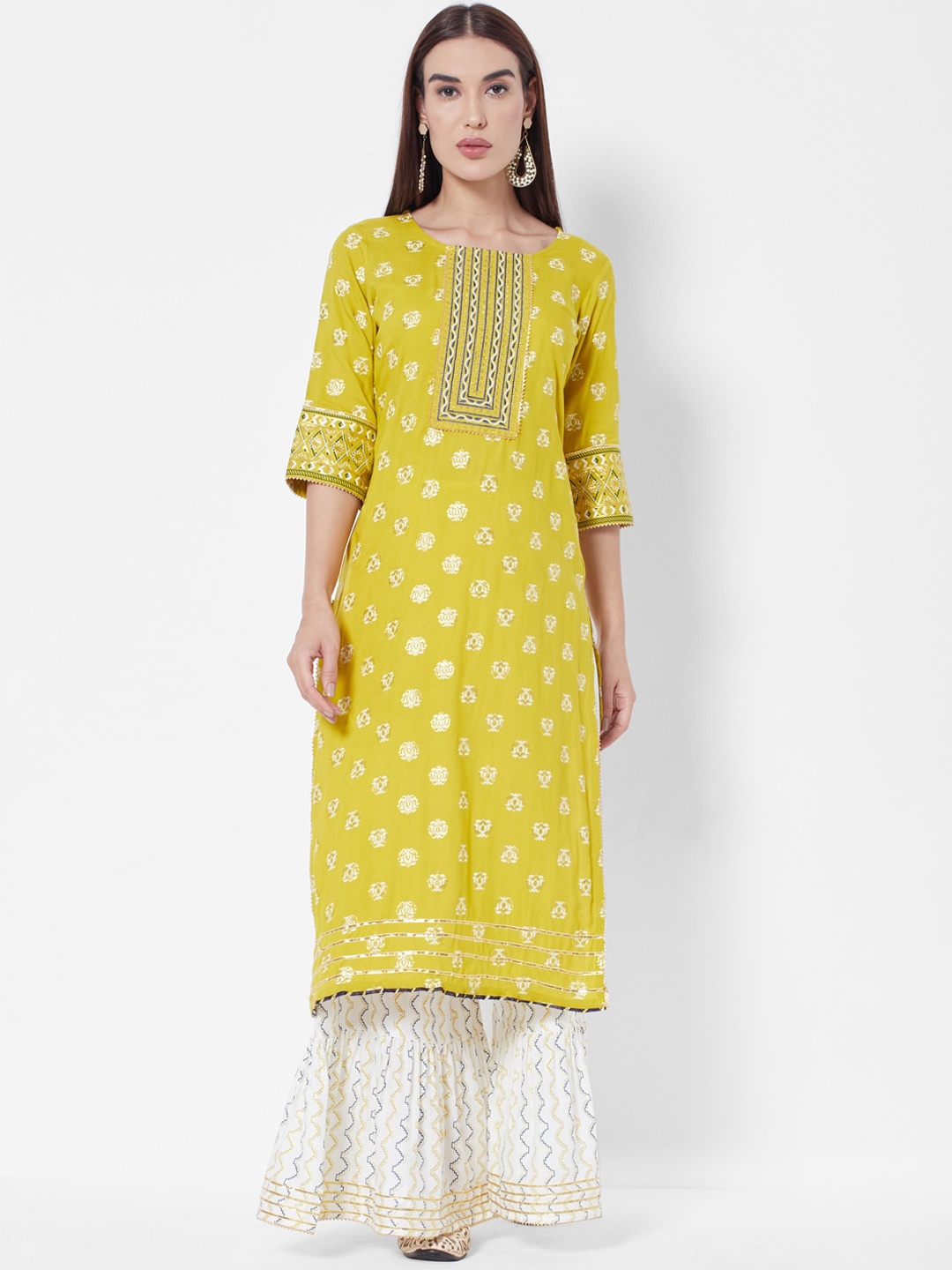 

Vedic Women Yellow Ethnic Motifs Printed Kurta with Sharara