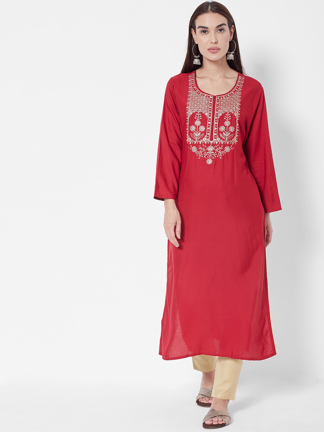 

Vedic Women Red Embroidered Kurta with Trousers