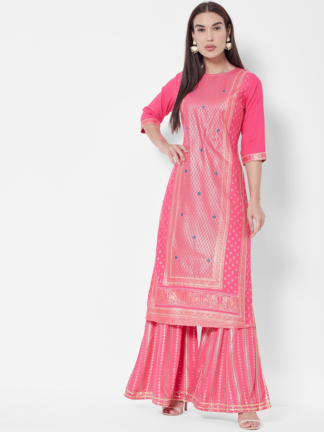 

Vedic Women Pink Floral Woven Design Kurta with Sharara