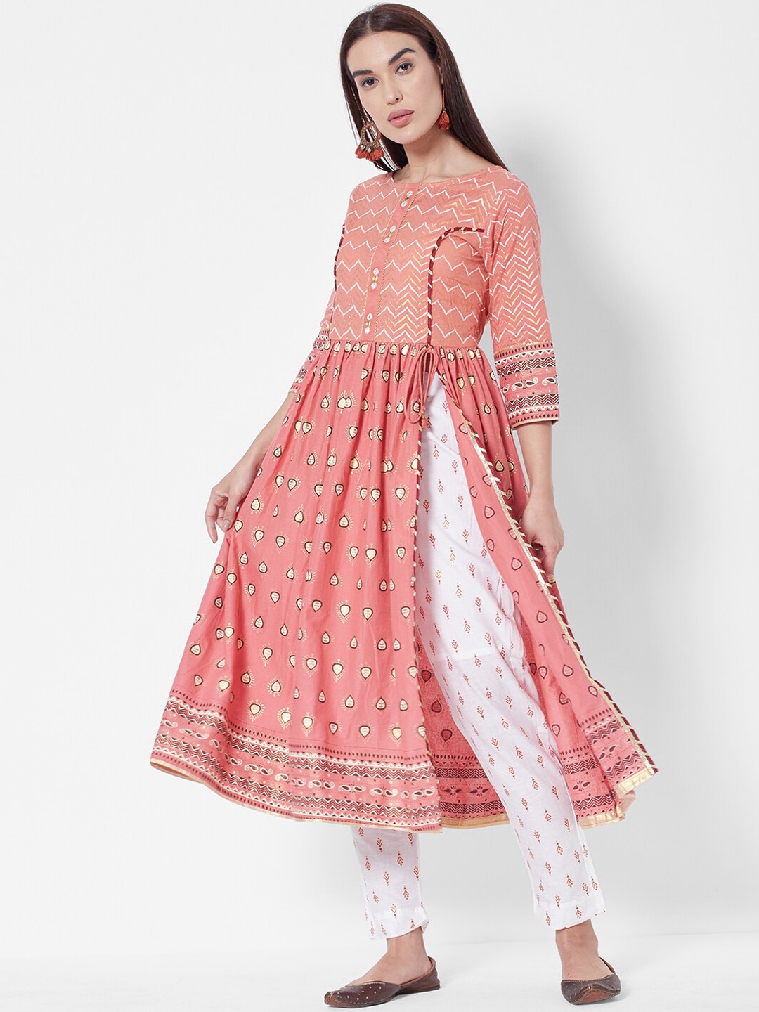 

Vedic Women Red Ethnic Motifs Printed Pleated Liva Kurti with Trousers