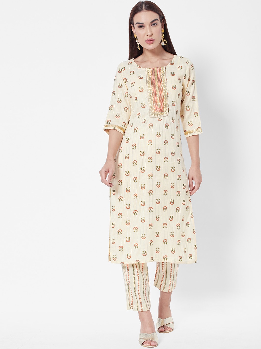 

Vedic Women Pink Floral Embroidered Liva Kurta with Trousers