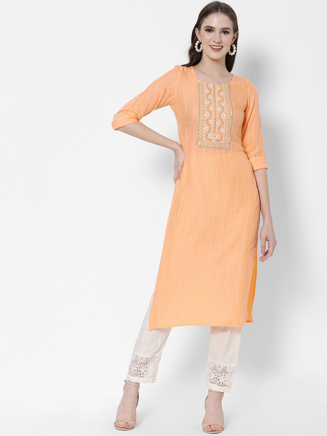 

Vedic Women Beige Liva Kurta with Trousers