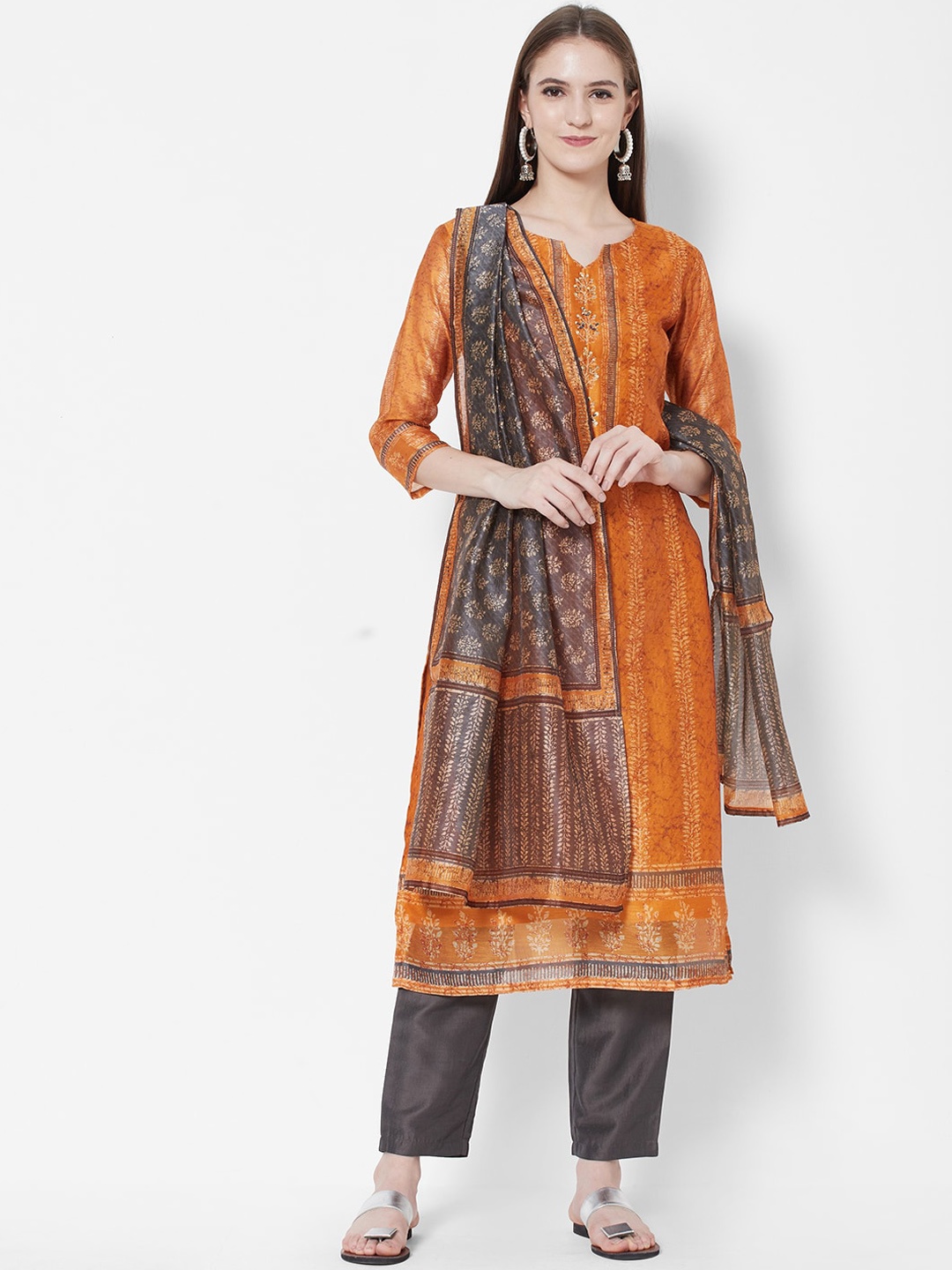 

Vedic Women Orange Ethnic Motifs Chanderi Silk Kurta with Trousers & With Dupatta