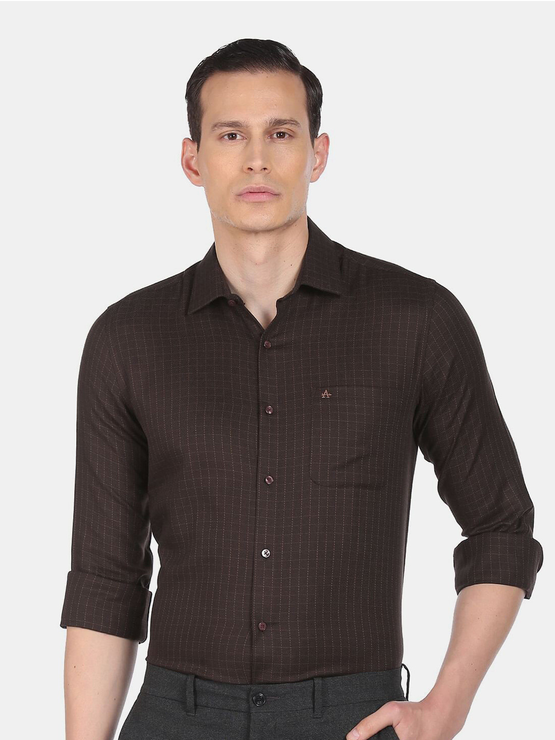 

Arrow Men Brown Slim Fit Grid Tattersall Checked Pure Cotton Formal Shirt