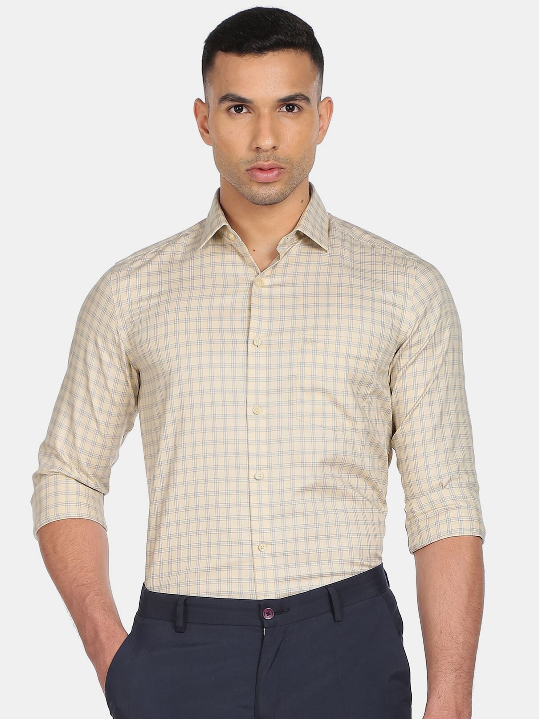 

Arrow Men Beige Tartan Checked Pure Cotton Auto Press Formal Shirt