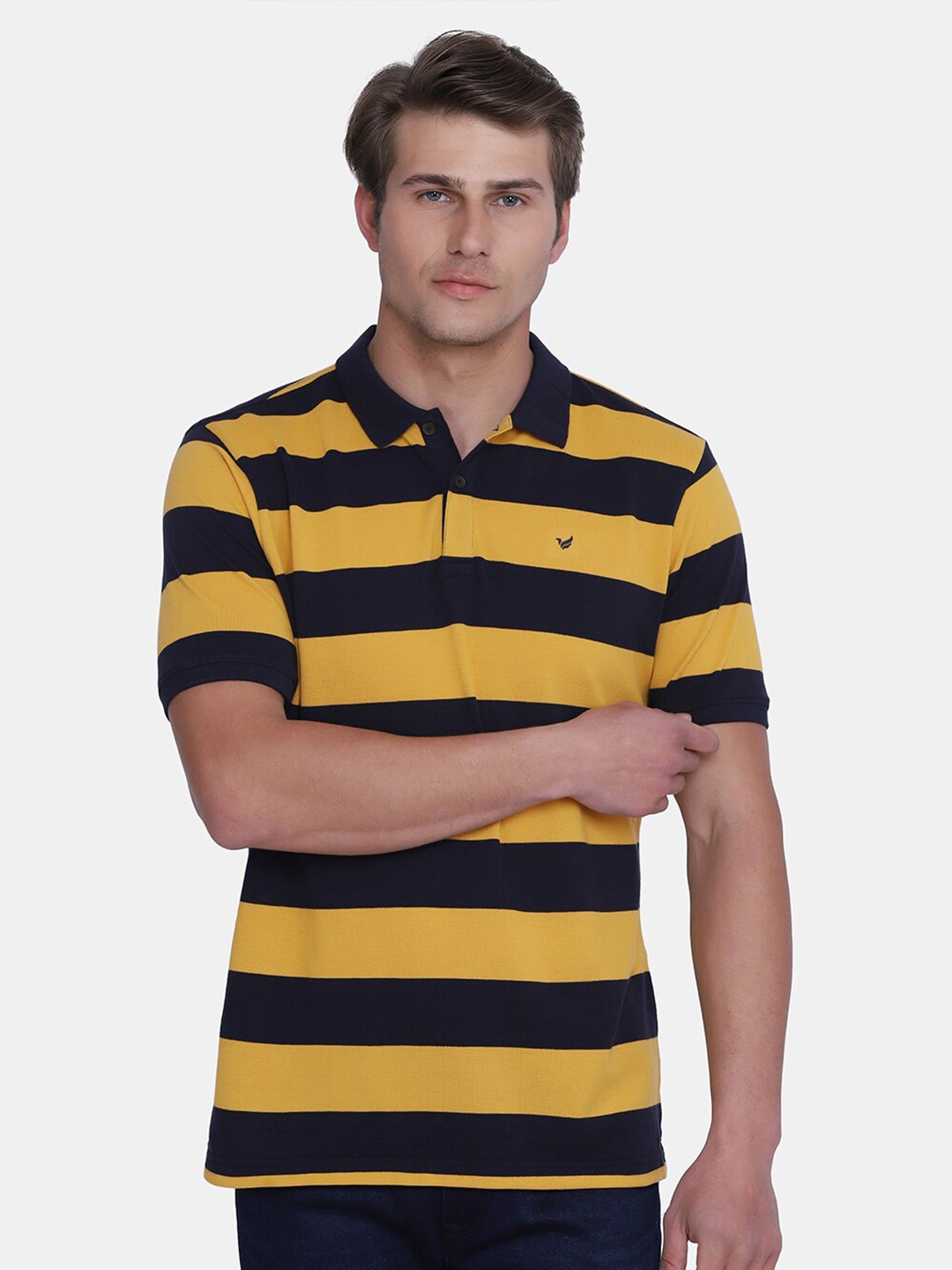 

Blackberrys Men Yellow Striped Polo Collar Slim Fit T-shirt