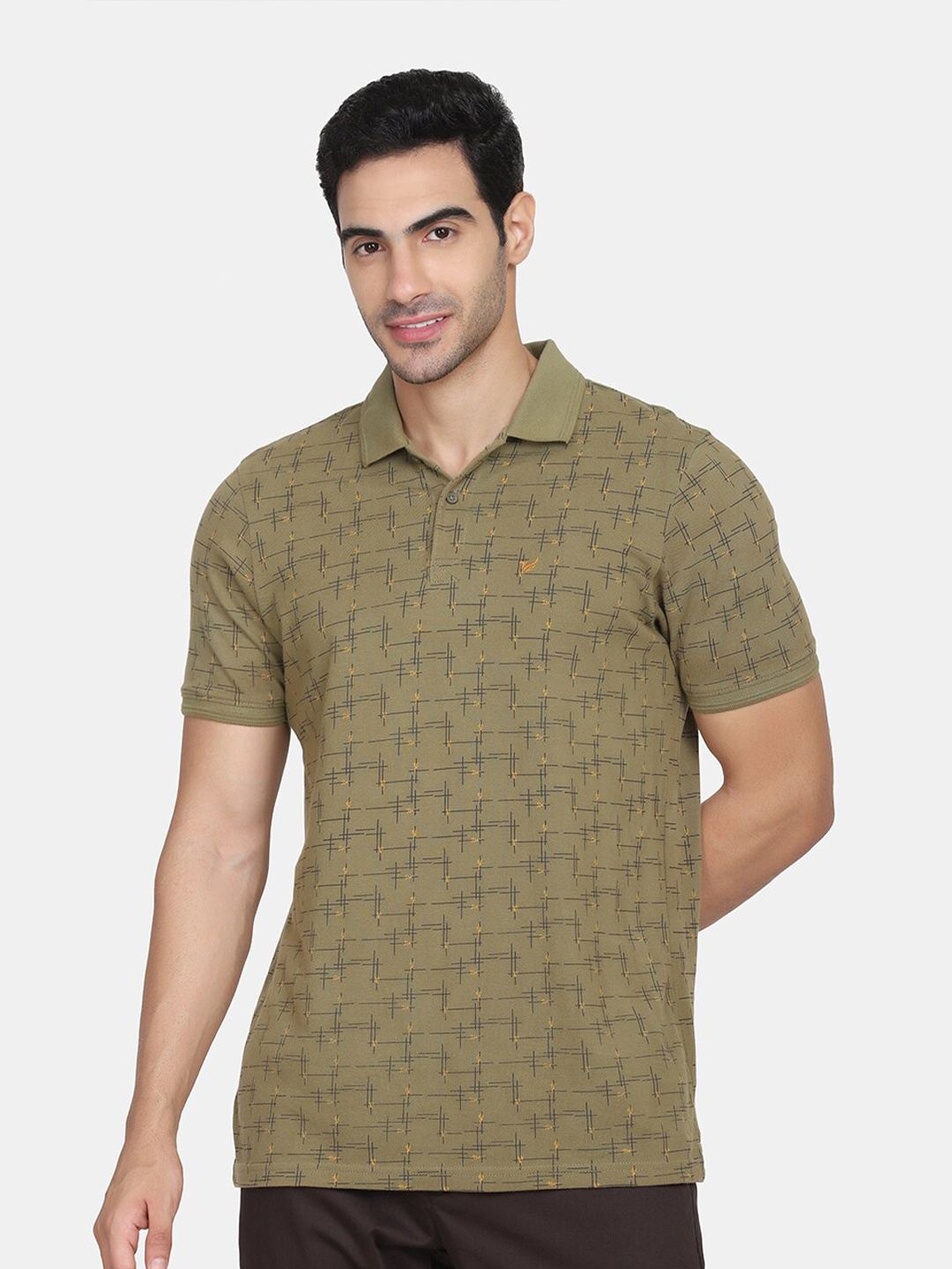 

Blackberrys Men Olive Green Printed Polo Collar Slim Fit T-shirt