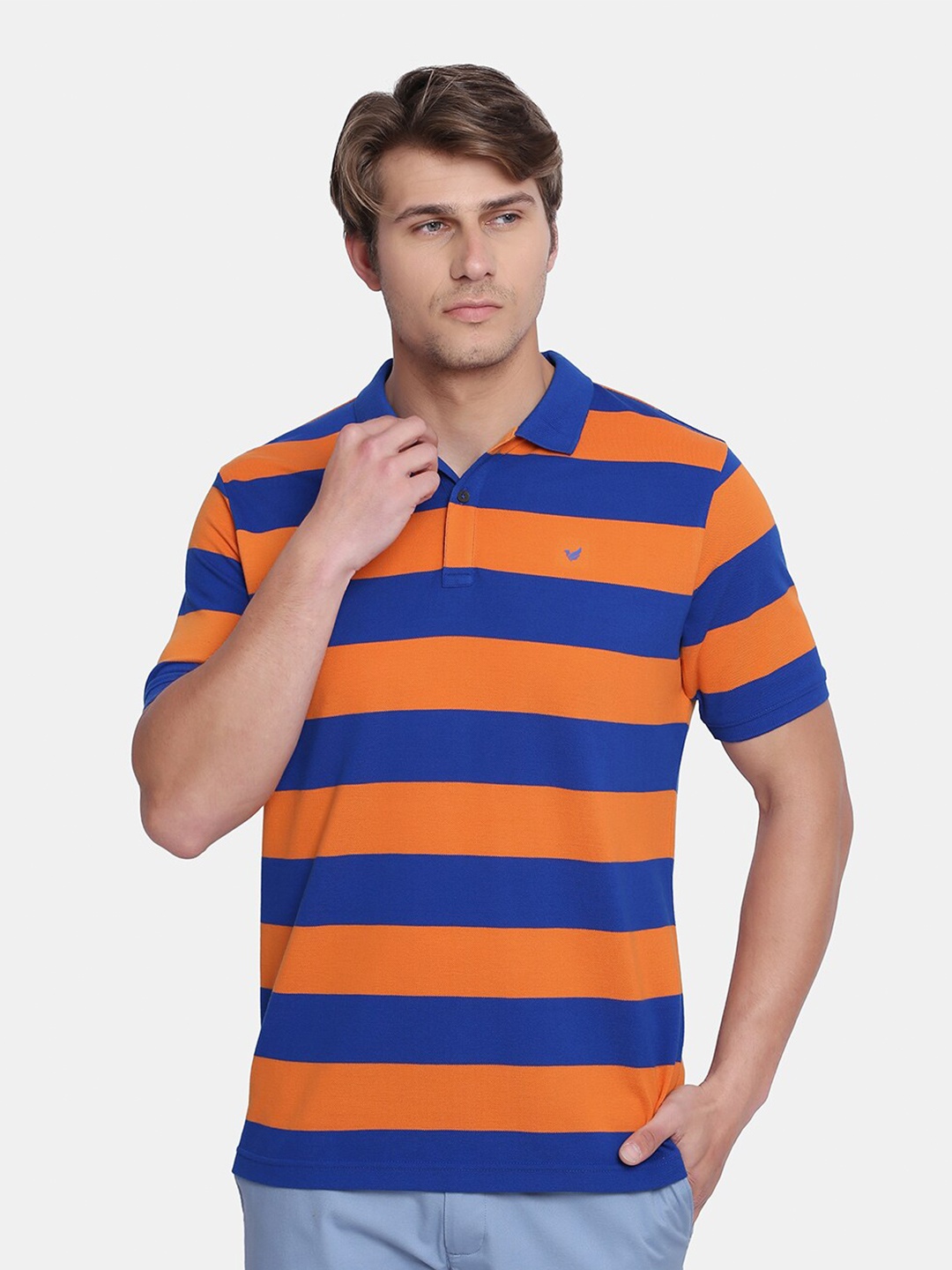 

Blackberrys Men Orange & Blue Striped Polo Collar Slim Fit T-shirt