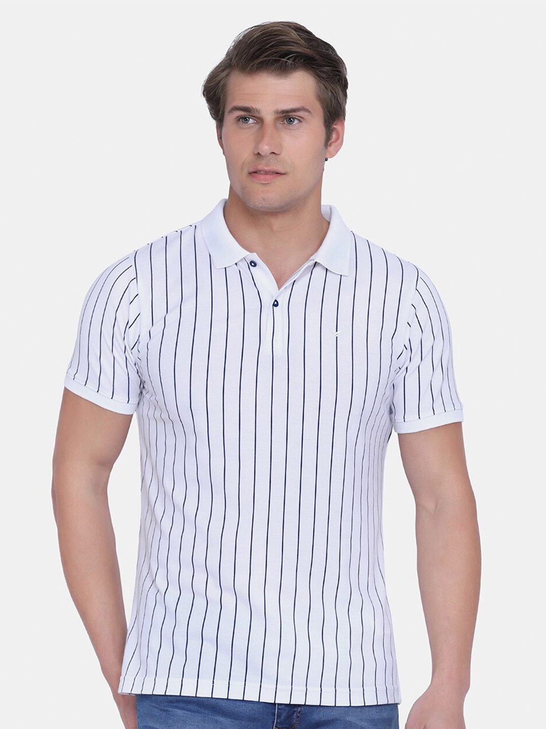

Blackberrys Men White Striped Polo Collar Slim Fit T-shirt