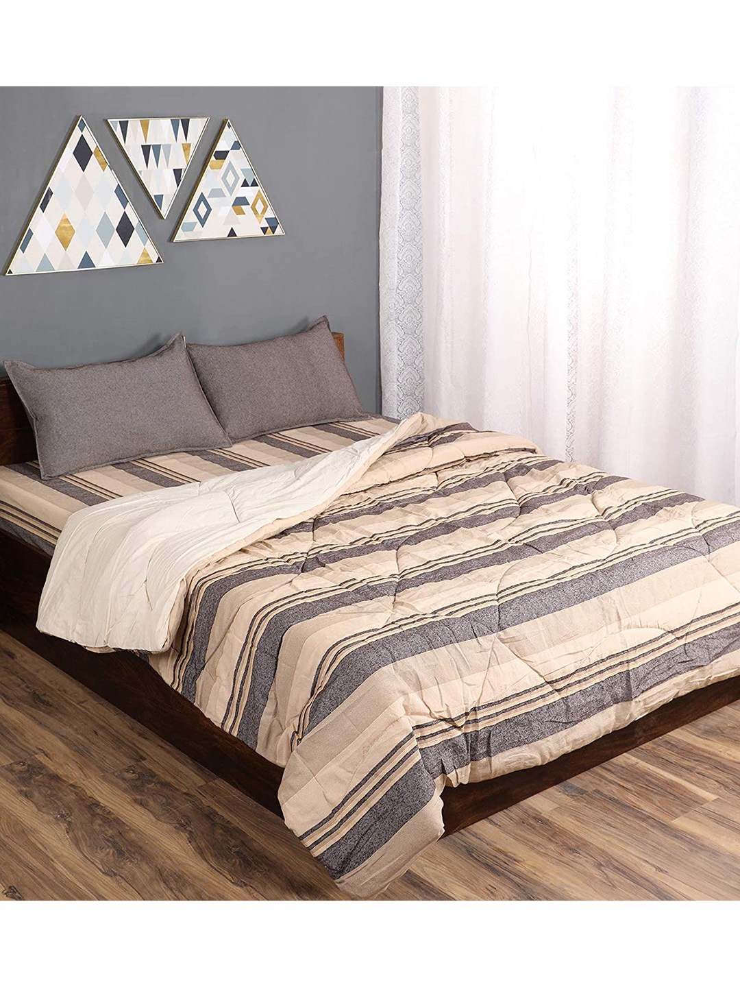 

Saral Home Brown & Grey Striped Mild Winter 210 GSM Cotton Double Bed Quilt