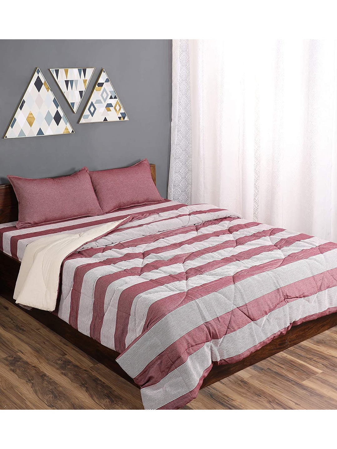 

Saral Home Maroon & White Striped Mild Winter 210 GSM Cotton Double Bed Quilt