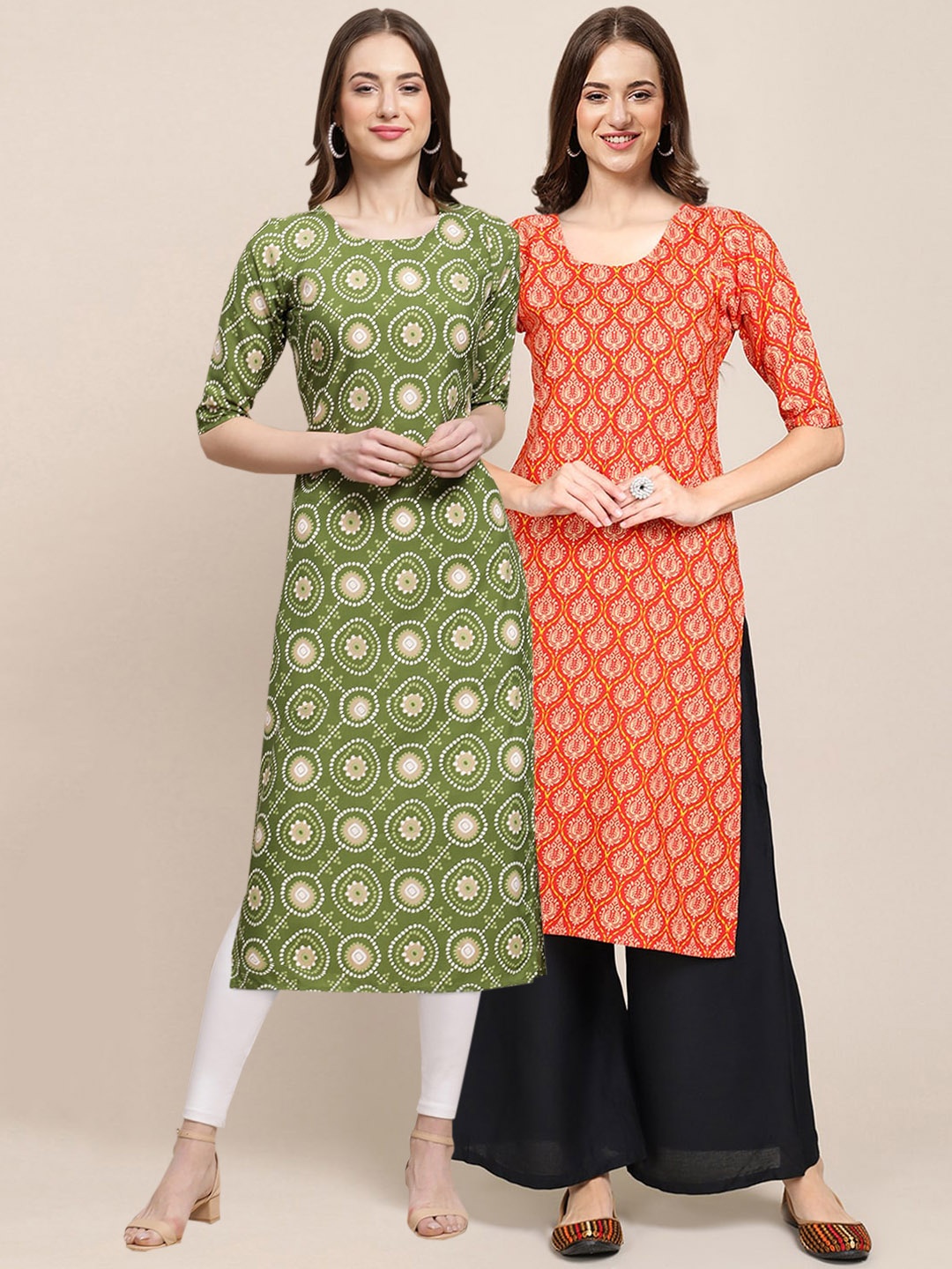 

7Threads Women Pack Of 2 Green & Orange Ethnic Motifs Printed Handloom Crepe Kurta