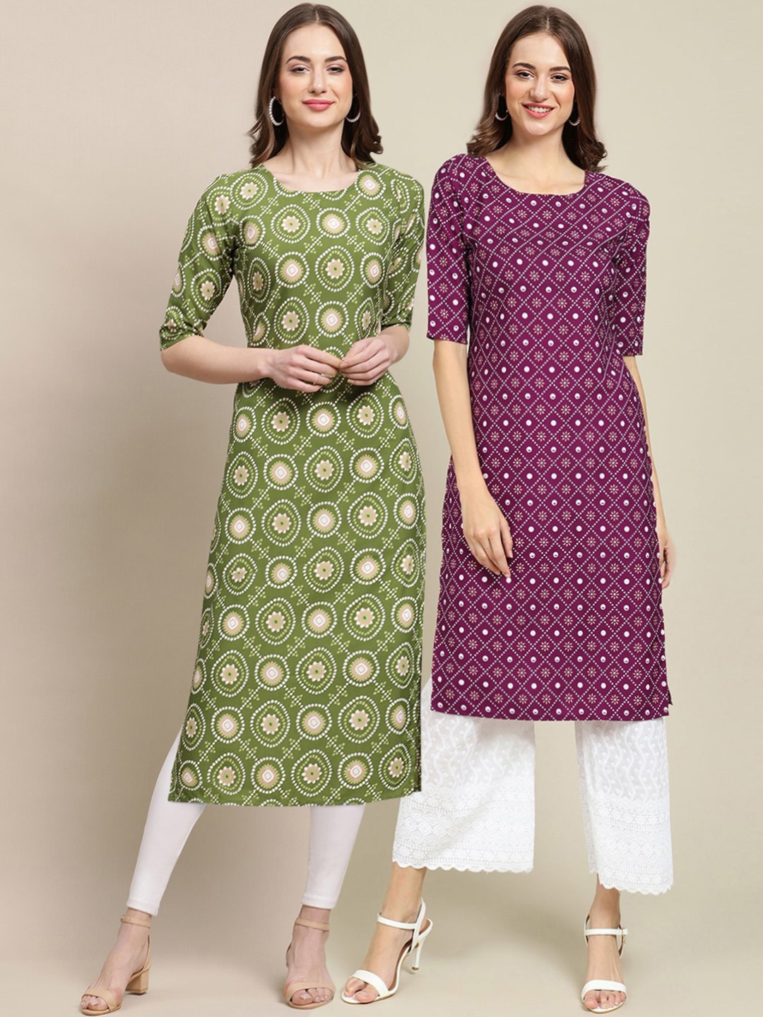 

7Threads Women Pack Of 2 Green & Purple Ethnic Motifs Printed Handloom Crepe Kurta