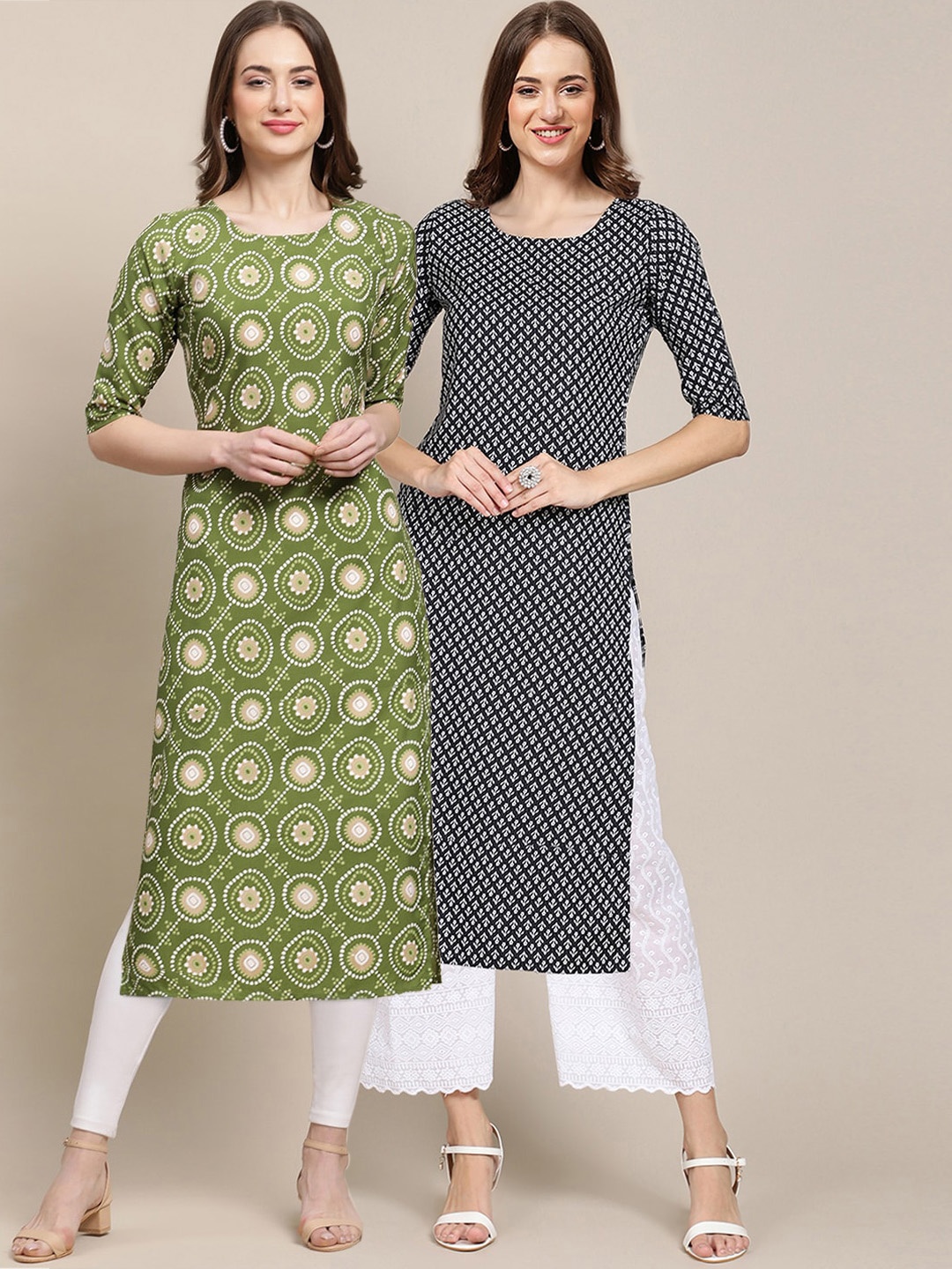 

7Threads Women Green & Black Geometric Printed Block Print Handloom Crepe Kurta