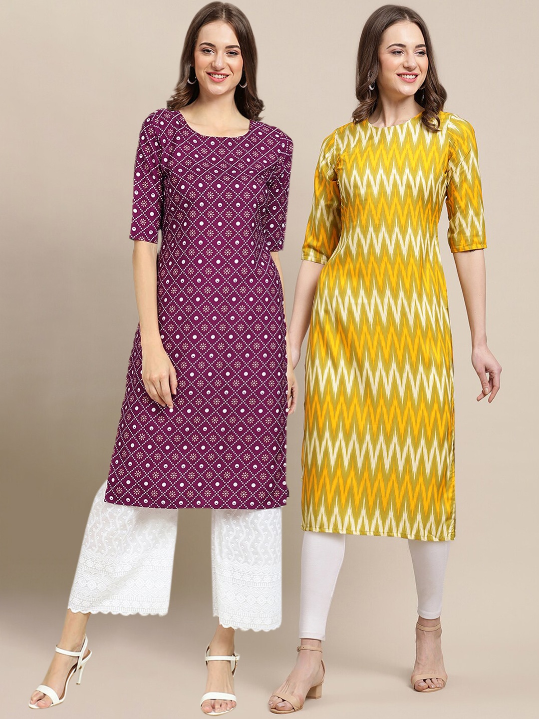 

7Threads Women Pack Of 2 Yellow & Burgundy Geometric Printed Crepe Kurta