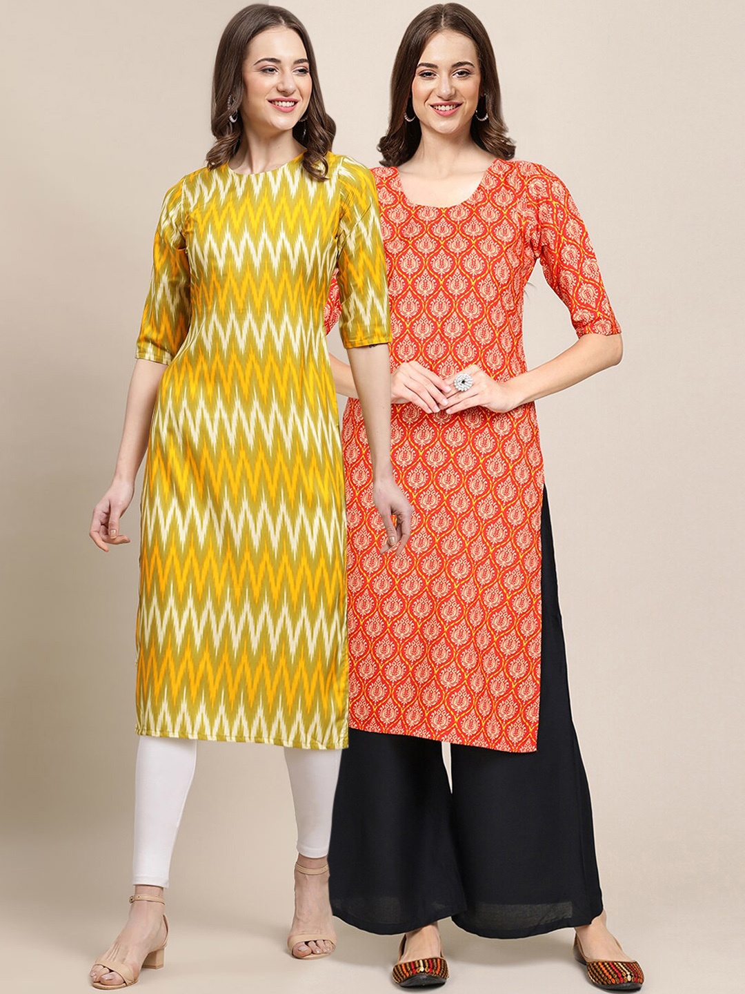 

7Threads Women Pack of 2 Yellow & Orange Ethnic Motifs Printed Crepe Kurta