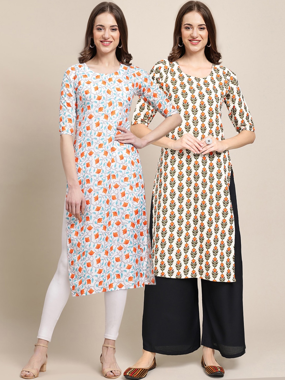 

7Threads Women Pack Of 2 Cream & Blue Geometric Printed Block Print Handloom Crepe Kurta