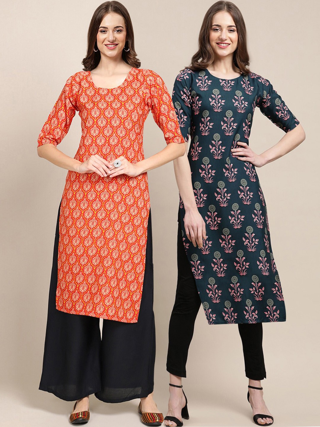 

7Threads Women Pack of 2 Orange & Blue Ethnic Motifs Printed Crepe Kurta