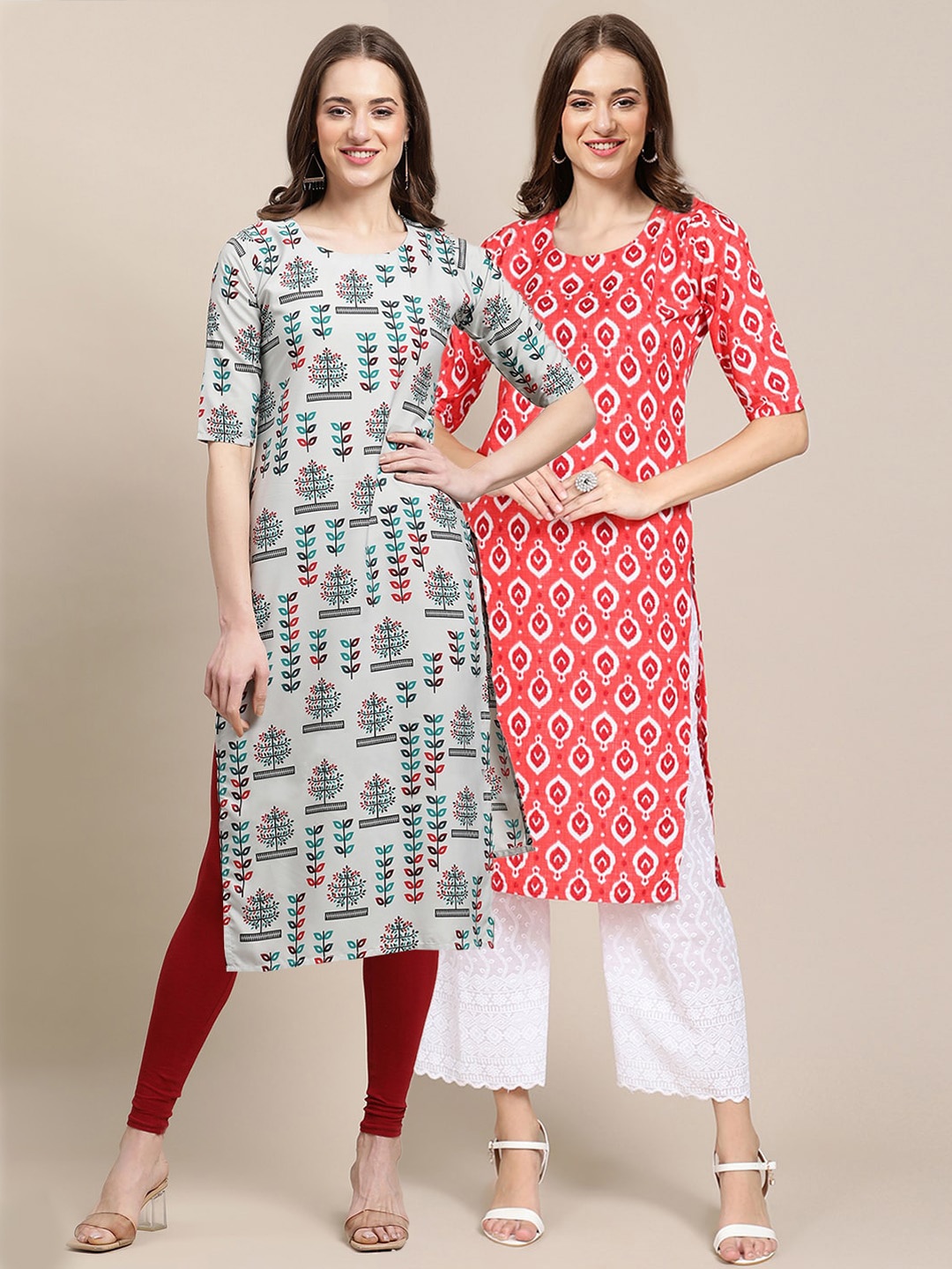 

7Threads Women Pack Of 2 Blue & Red Printed Crepe Kurta