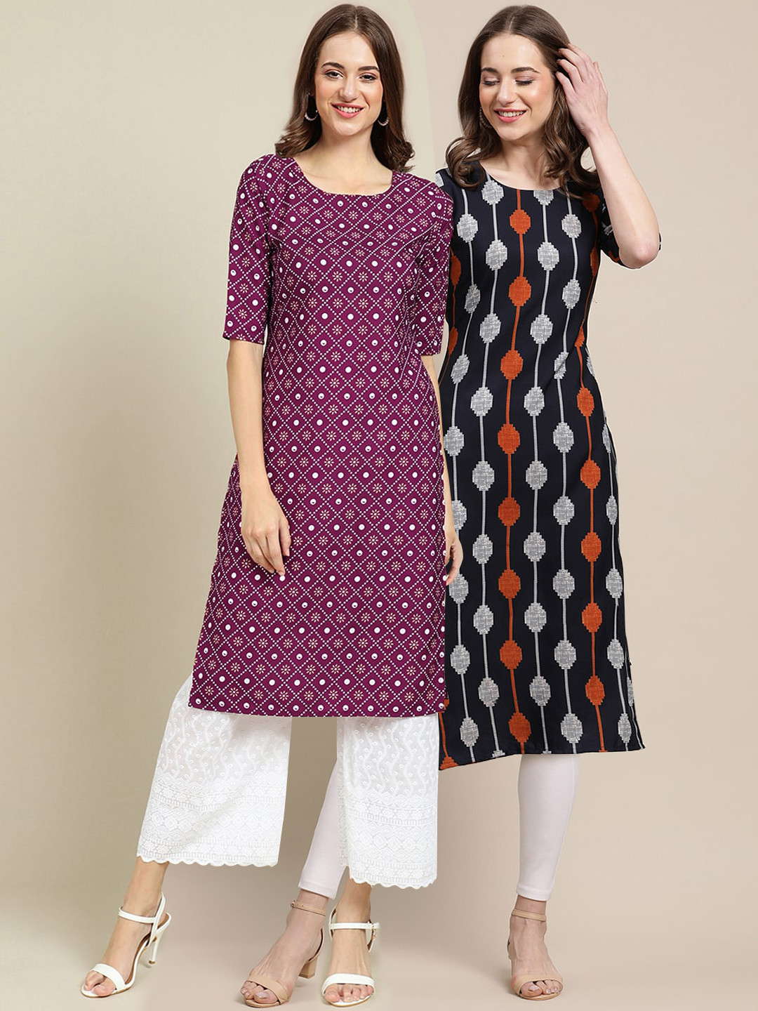 

7Threads Pack Of 2 Women Black & Purple Ethnic Motifs Printed Straight Crepe Kurta