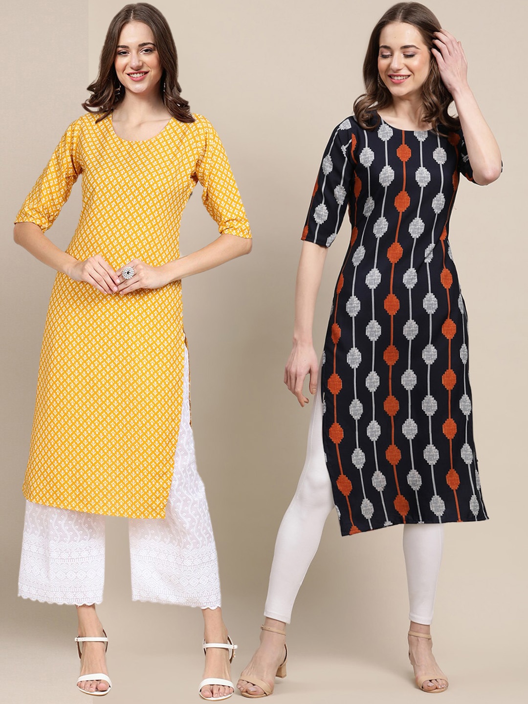 

7Threads Women Set Of 2 Yellow & Black Ethnic Motifs Printed Crepe Kurta