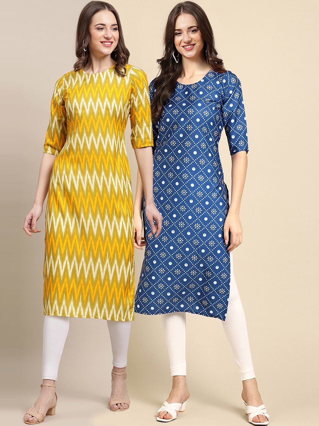 

7Threads Pack Of 2 Women Blue & Yellow Printed Block Print Straight Crepe Kurta